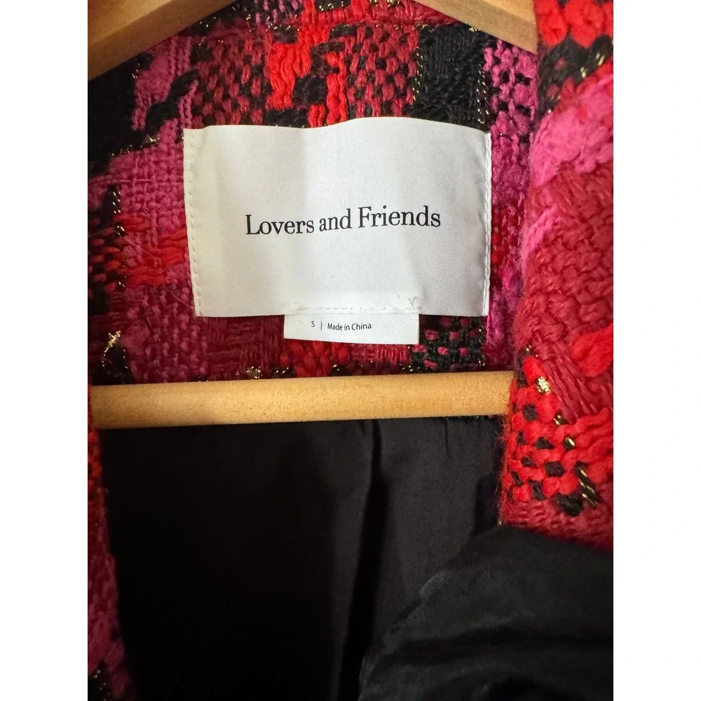 Lovers and Friends Plaid Tweed Blazer Metallic Rosette Large Red Pink Excellent
